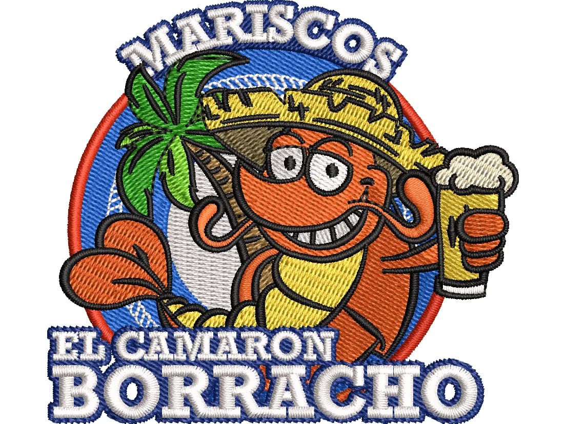 Colorful Mariscos El Camaron Borracho shrimp logo with a stitched appearance