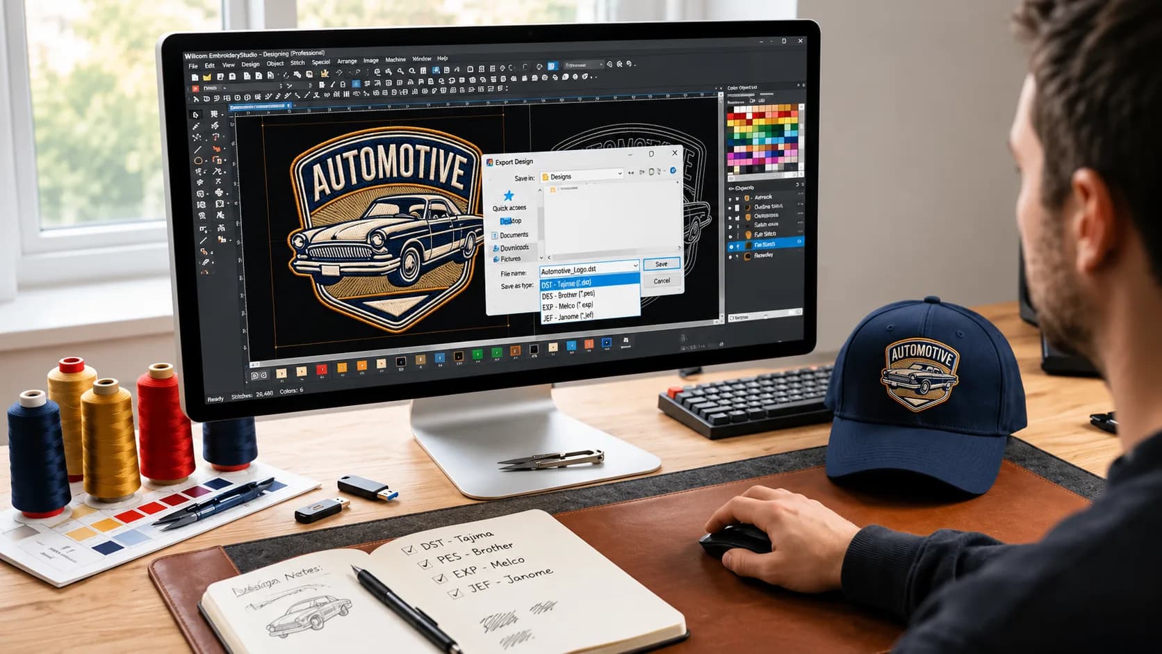 Embroidery software exporting an automotive badge design beside a matching embroidered cap