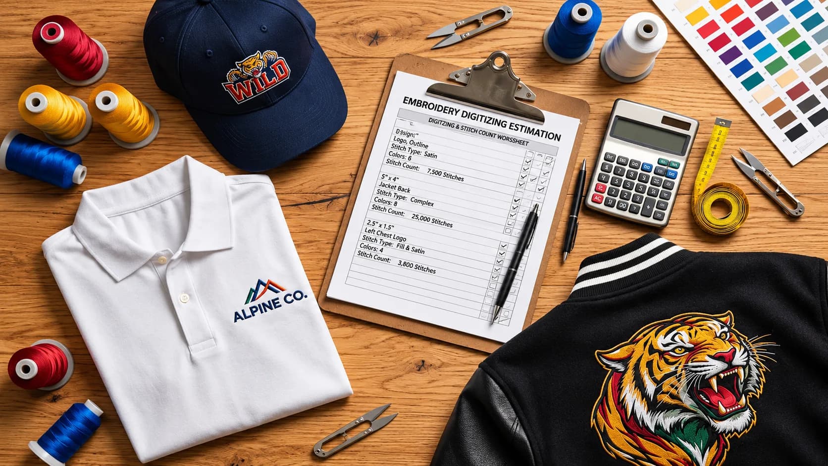Digitizing estimation worksheet with an embroidered cap, polo and tiger jacket design on a worktable