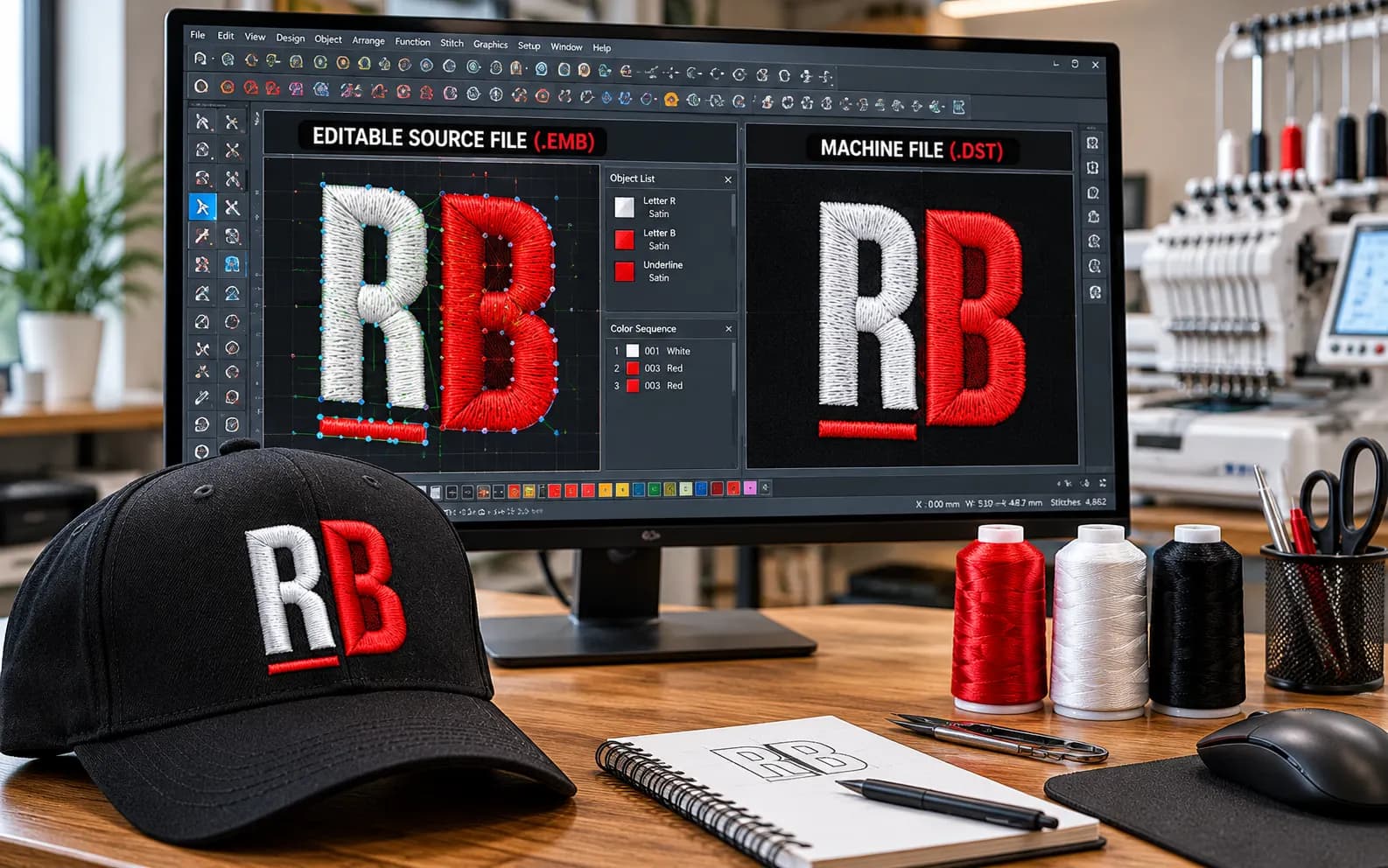 Monitor comparing editable EMB source and DST machine-file previews of RB lettering beside an embroidered cap