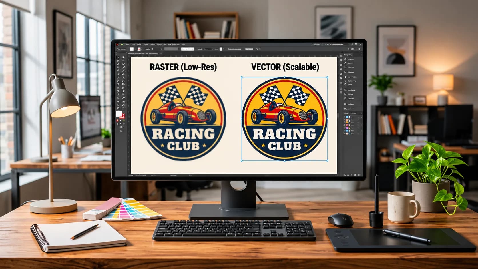 Computer monitor comparing low-resolution raster and scalable vector versions of a racing club logo