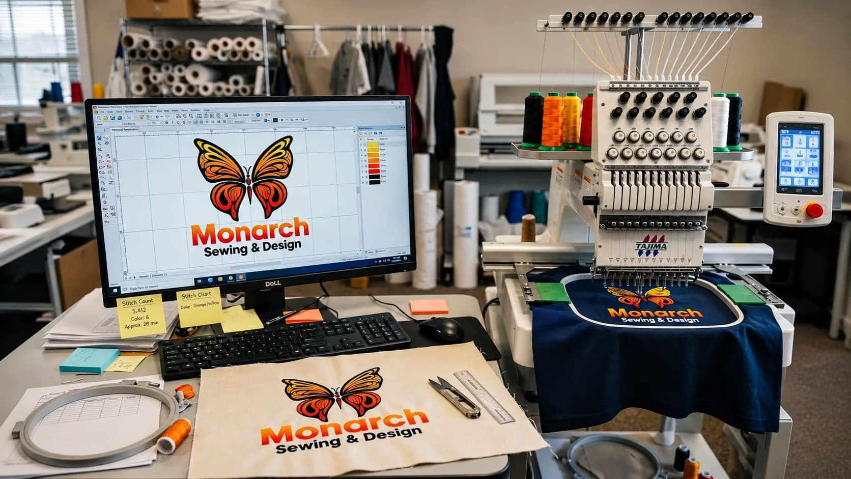 Computer displaying a Monarch butterfly embroidery design beside an embroidery machine and stitched fabric