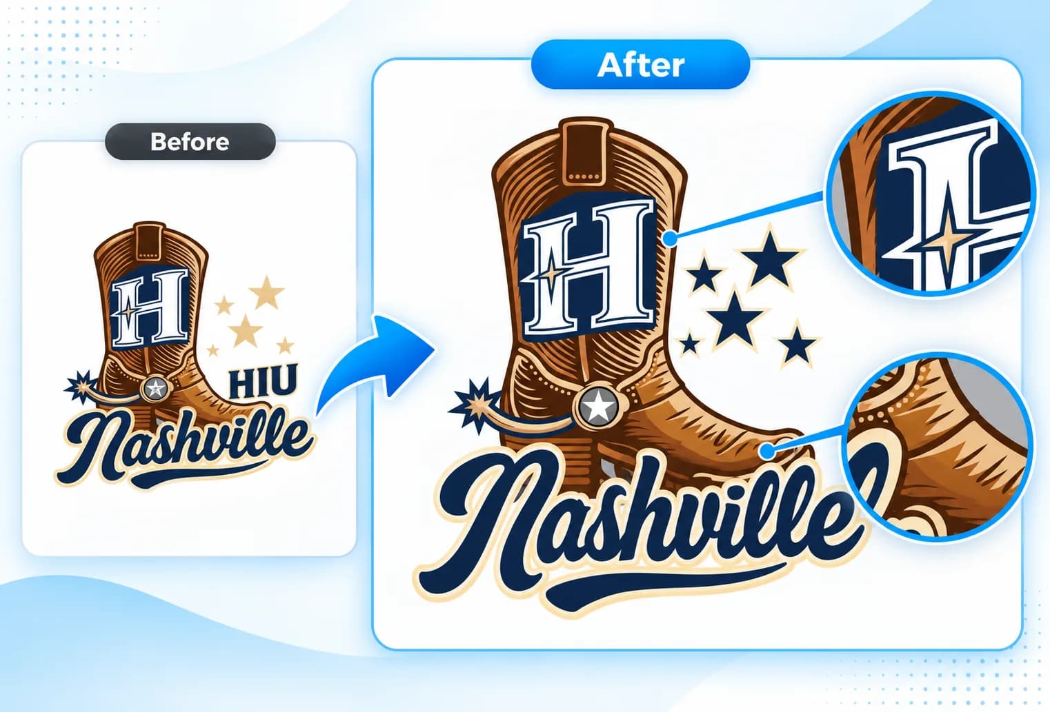 Combined before and after vector comparison of a Nashville cowboy boot logo