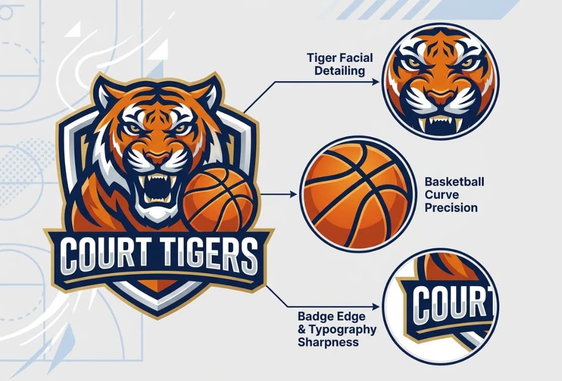 Court Tigers basketball mascot emblem with detail insets