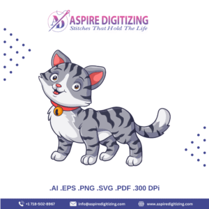 Grey Tabby Cat Vector – Cute Cartoon Cat with Red Collar & Bell