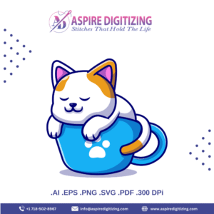 Sleeping Cat in Blue Mug Vector – Cute Cartoon Kitty in Coffee Cup Clipart