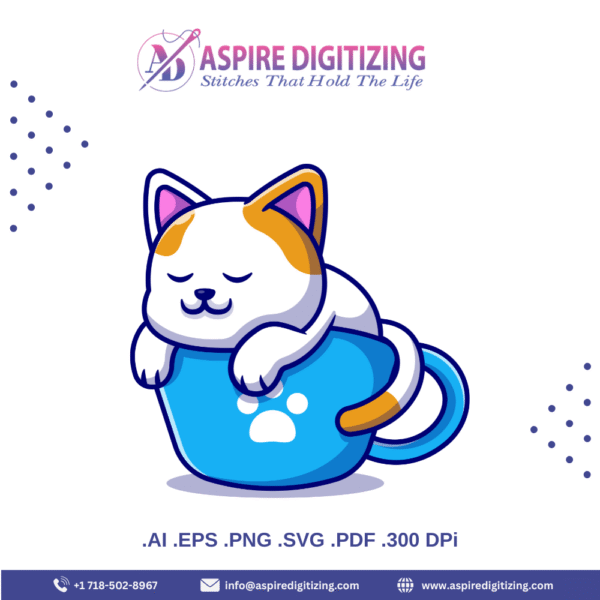 Sleeping Cat in Blue Mug Vector – Cute Cartoon Kitty in Coffee Cup Clipart