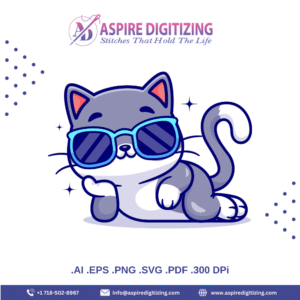 Cool Grey & White Cat Vector – Cartoon Cat with Blue Sunglasses Clipart