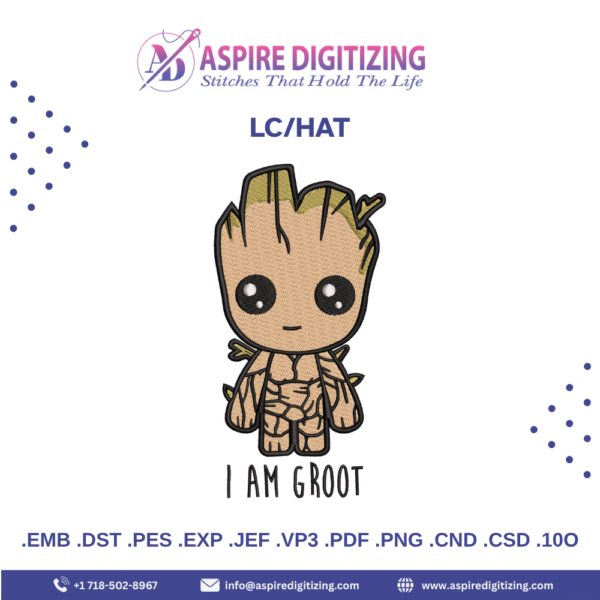 I Am Groot LC/Hat Digitizing Design – Cute Tree Hero for Embroidered Caps & Apparel