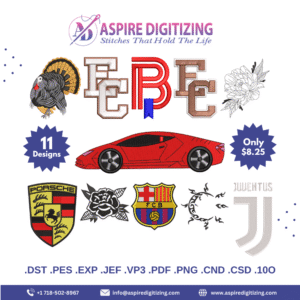 11 Digitized Embroidery Designs Bundle – Logos, Floral, Animal & Sun Theme Stitch Pack