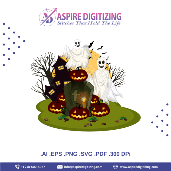 Classic Halloween Scene Vector – Haunted House, Jack-o'-Lanterns, Bats & Ghosts