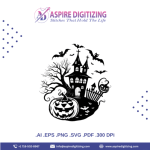 Classic Halloween Vector – Haunted House, Pumpkins & Full Moon Scene