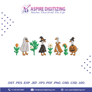 Halloween Goose Digitized Embroidery Design – Cute Witch, Ghost & Pumpkin Fall Stitch