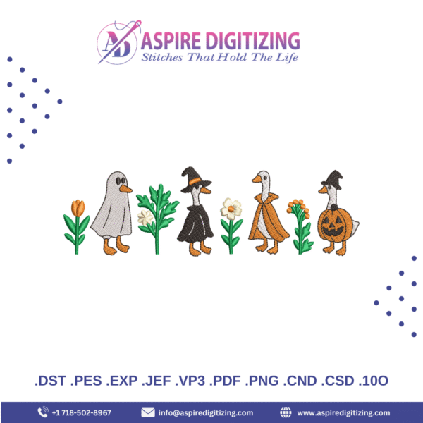 Halloween Goose Digitized Embroidery Design – Cute Witch, Ghost & Pumpkin Fall Stitch