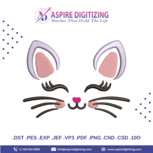 Pretty Kitty Face Digitized Embroidery Design – Cute Cat Head with Pinky Touch
