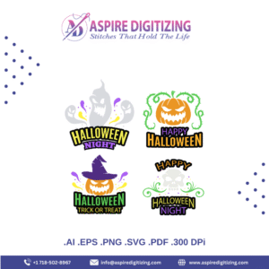 Spooky Halloween-Themed Vector Design – Pumpkins, Ghosts, and Bats