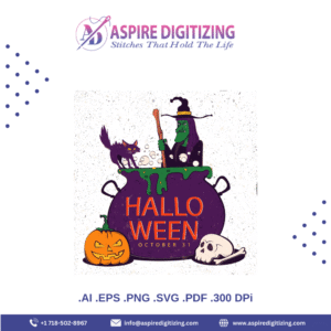 Witch, Cauldron, and Purple Cat Halloween Vector Illustration